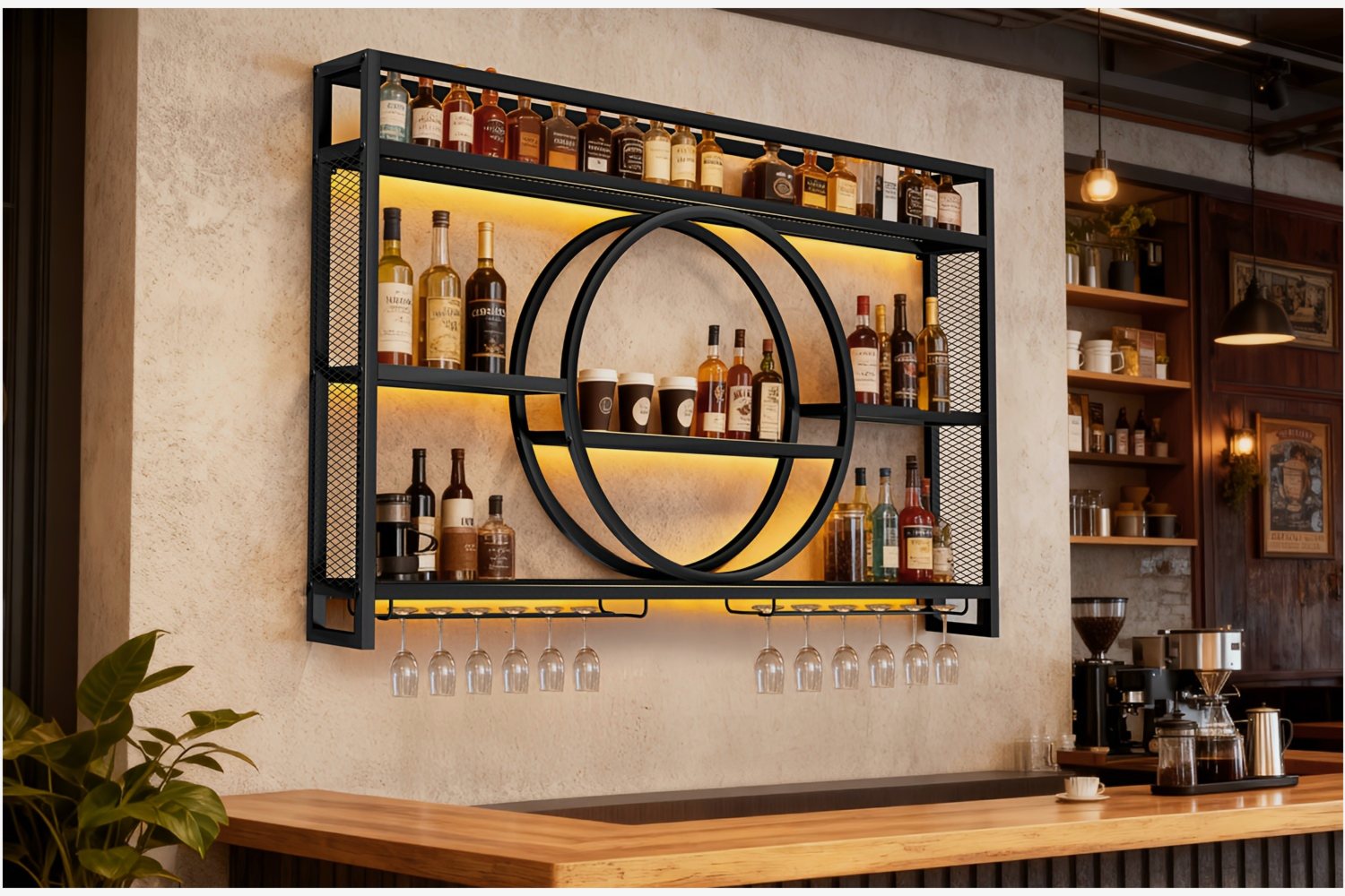 Home Bar Shelf - Stylish 3-Tier Wall-Mounted Metal Wine Rack
