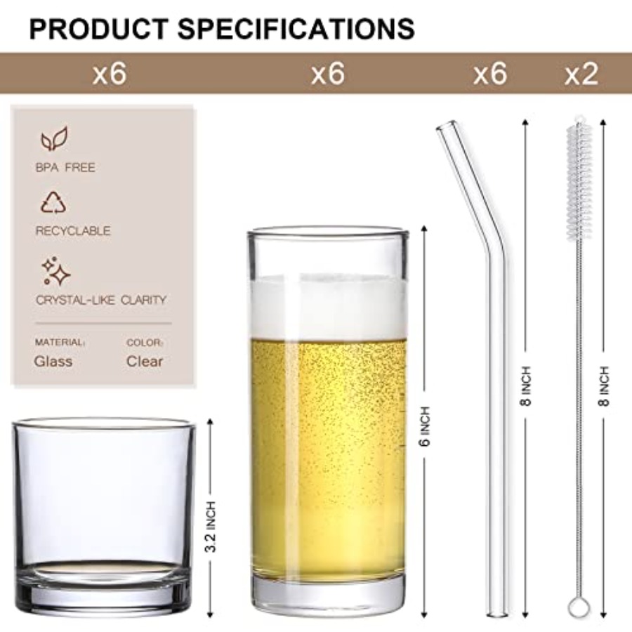 [ 12 Pack ] Glass Cups with Gl - Highball Glass Set 评论和价格